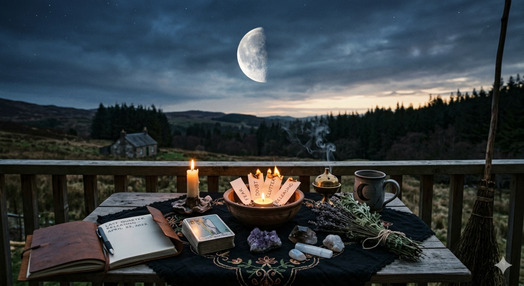 A wooden table on an outdoor deck at twilight under a Last Quarter Moon, featuring a ritual bowl with burning papers marked "Fear," "Doubt," and "Clutter," alongside tarot cards, crystals, a journal, and an herbal bundle.