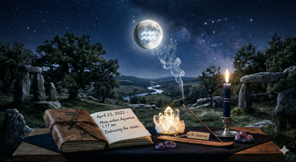 A mystical night scene featuring a ritual setup on a wooden table, including a glowing clear quartz cluster, a burning incense stick, and an open leather-bound book under a starry sky with a prominent moon displaying the Aquarius symbol.