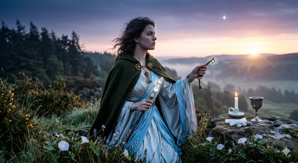 A Slavic witch performing a dawn ritual in a grassy meadow, holding a glowing staff and an ornate key, with the rising sun and the morning star in the background.