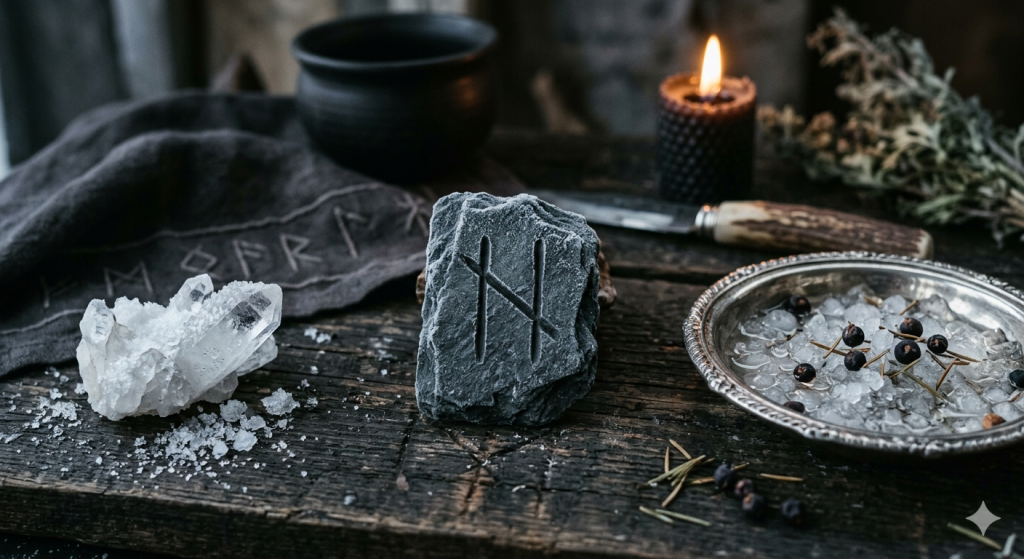 A dark, moody witchy altar featuring a central grey stone carved with the Hagalaz rune. Around the stone are clear quartz crystals, a silver bowl filled with melting ice and juniper berries, a black candle with a glowing flame, and ritual tools on a rustic wooden surface.