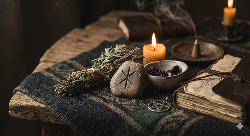 A close-up of a stone carved with the Naudhiz rune sitting on a rustic wooden table alongside dried herbs, a beeswax candle, and a leather-bound grimoire.