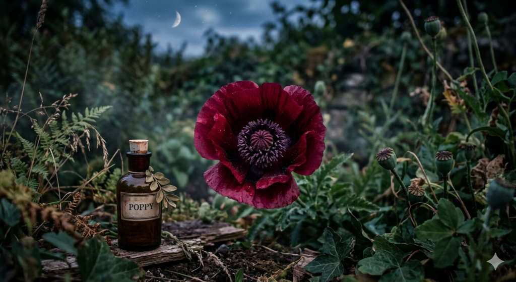 A close-up, moody photograph of a deep red poppy with a dark center, positioned next to a vintage apothecary bottle labeled "POPPY" in a misty, enchanted garden under a crescent moon.
