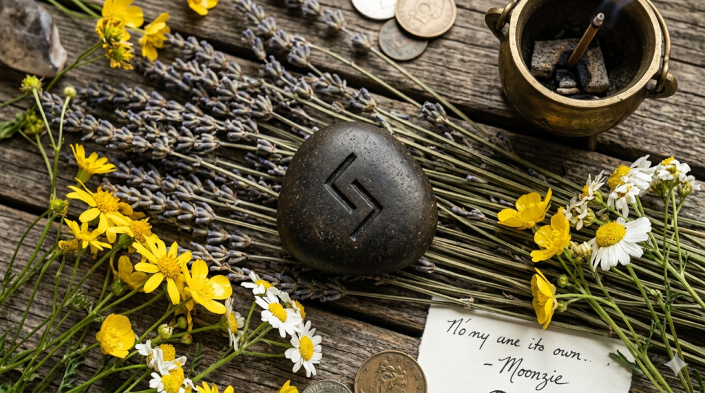 A smooth, dark stone carved with the Jera rune, resting on a bed of dried lavender and summer wildflowers alongside a small incense burner and coins.