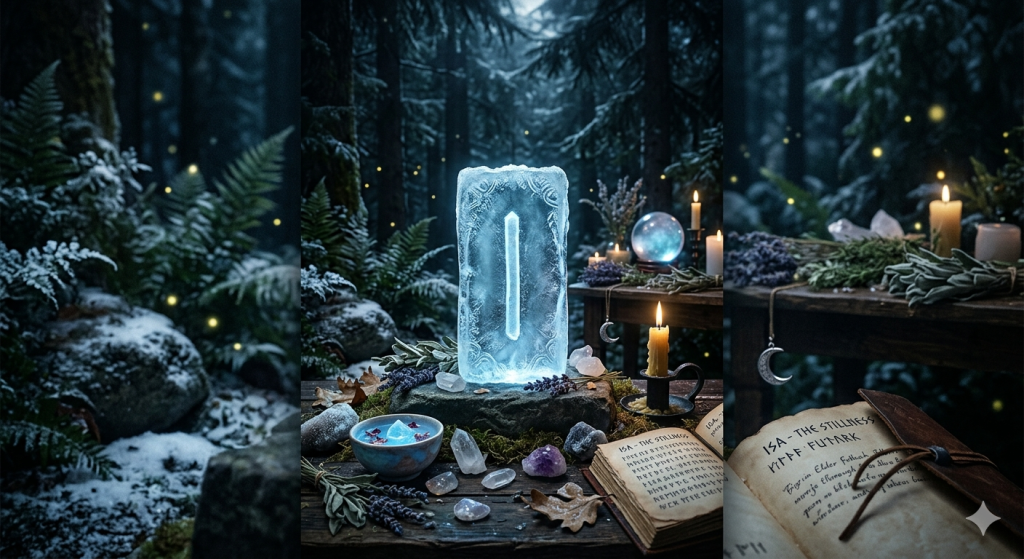 A mystical, dark-toned altar setup in a winter forest, featuring a glowing ice block carved with the Isa rune, surrounding crystals, a burning candle, and an open grimoire resting on a rustic wooden table.