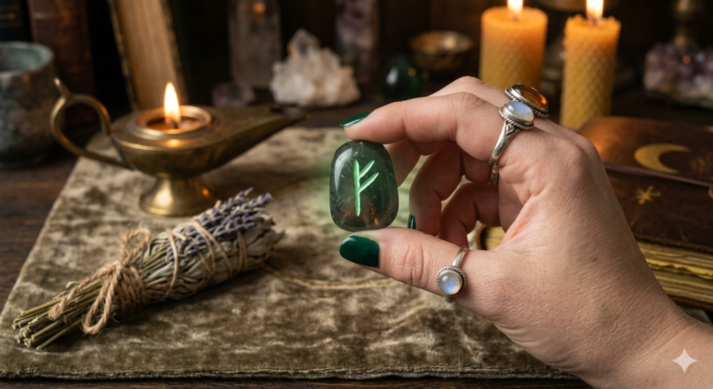 A close-up of a hand with green manicured nails and silver moonstone rings holding a dark green polished stone engraved with the Fehu rune. The background features a cozy, magical altar with glowing candles, a bundle of dried lavender, and an oil lamp on a velvet cloth.