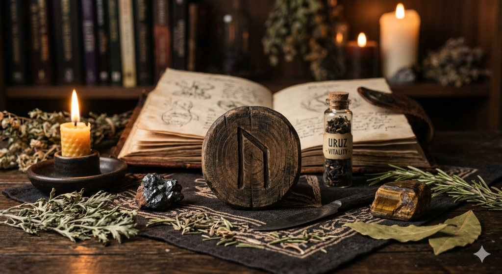 A rustic wooden disc carved with the Elder Futhark rune Uruz sits on a dark altar surrounded by a Tiger’s Eye stone, hematite, dried herbs, a beeswax candle, and an open ancient grimoire in a cozy, witchy atmosphere.