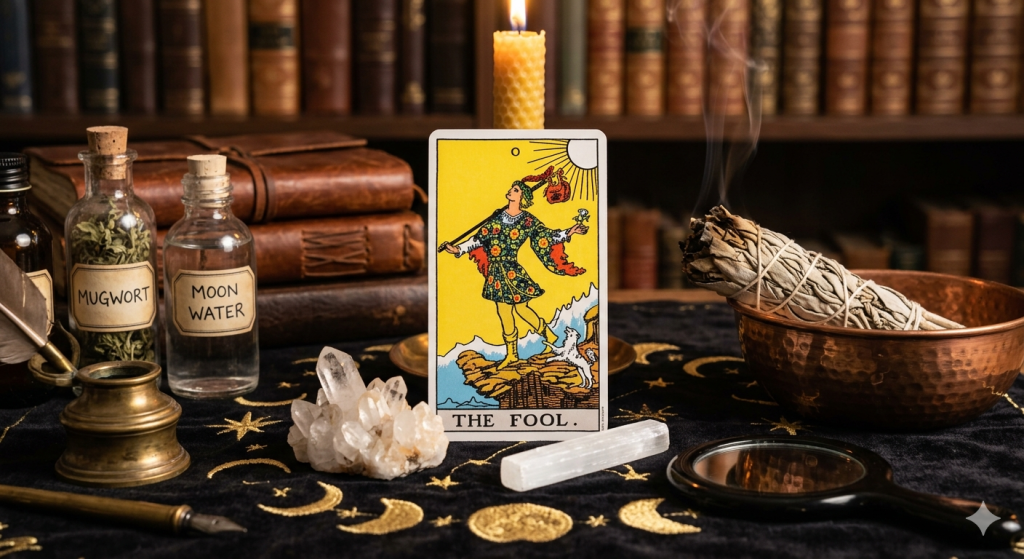 A detailed close-up shot of a mystical altar featuring the central "The Fool" Rider-Waite-Smith tarot card. The card is surrounded by flickering candles, smoldering white sage in a copper bowl, vintage glass bottles labeled 'MUGWORT' and 'MOON WATER,' raw clear quartz crystals, selenite wands, a small black mirror, old books, and a quill pen, all resting on a black velvet cloth with gold embroidered moon phases. A vintage library forms the blurred background.