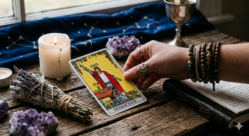 A hand wearing beaded bracelets and silver rings reaches for The Magician tarot card on a rustic wooden table. The scene includes a lit white candle, bundles of dried lavender, purple amethyst crystals, a silver chalice, and a celestial blue cloth.