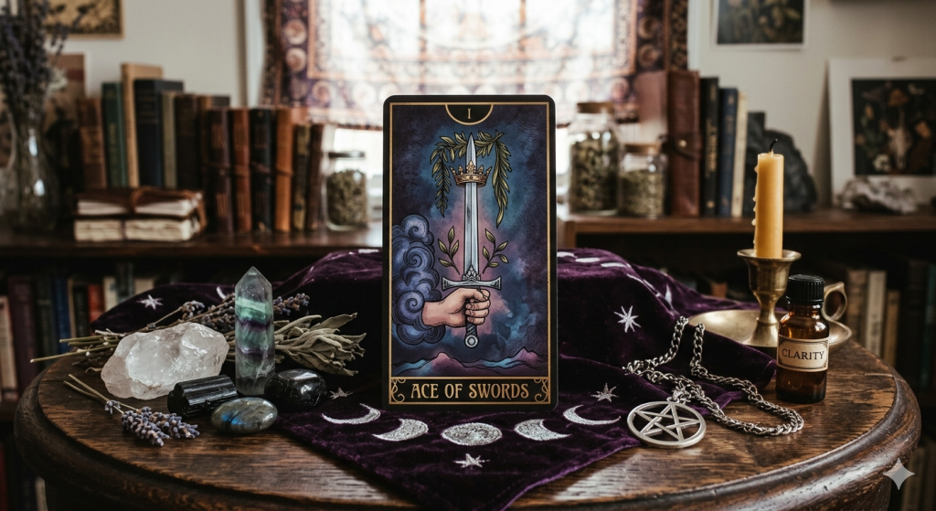 A close-up photograph of the "Ace of Swords" tarot card, centered on a wooden altar table draped in a purple velvet cloth with embroidered moon phases. The card features an upright sword held by a hand emerging from a cloud. Surrounding the card are various witchy items: raw clear quartz, a fluorite point, labradorite and black tourmaline stones, a bundle of sage, dried lavender, an unlit yellow candle in a brass holder, a silver pentacle necklace, and an amber glass bottle labeled "CLARITY." The background is a gently blurred bookshelf with old books and jars. The lighting is soft and ambient.