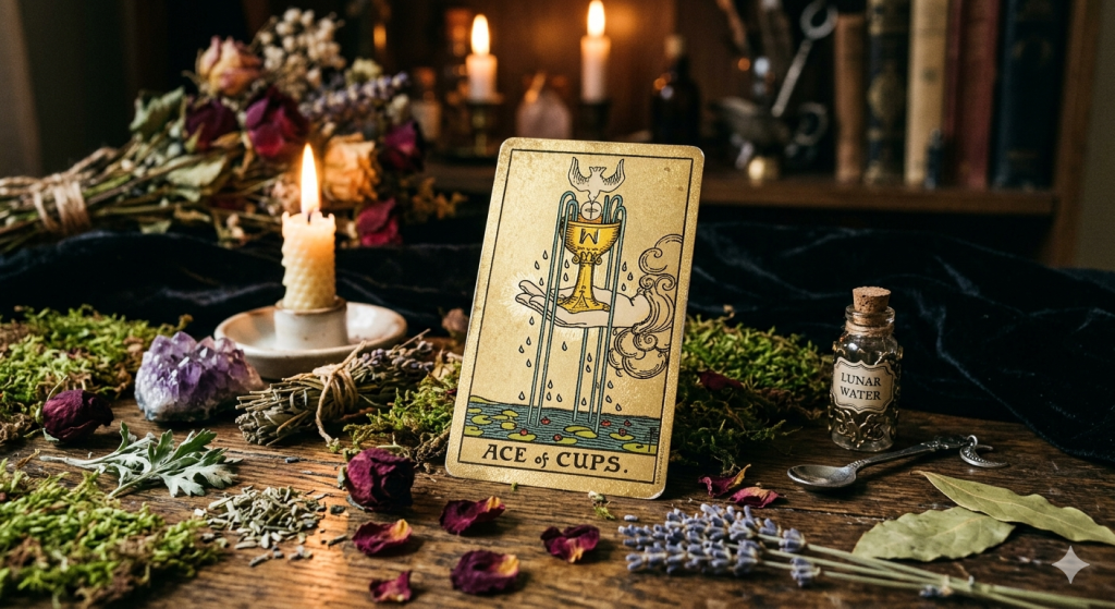 A close-up photograph of a vintage, gilded Tarot card resting on a dark, mossy altar surrounded by flickering candles and dried rose petals.