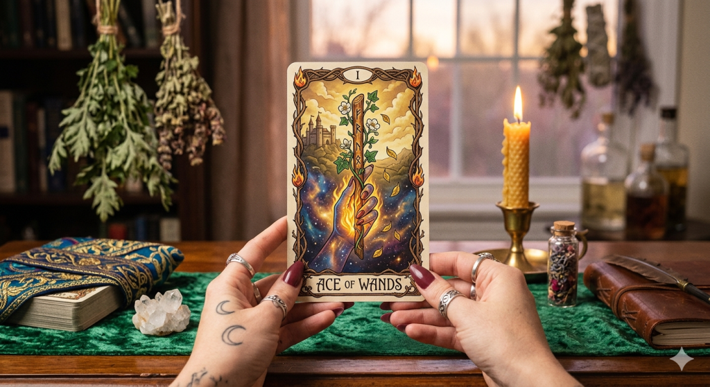 A first-person view of a person with moon tattoos on their hand holding an ornate Ace of Wands tarot card over a green velvet altar cloth. The background features a cozy, witchy room with dried herbs, a beeswax candle, and a window at sunset.