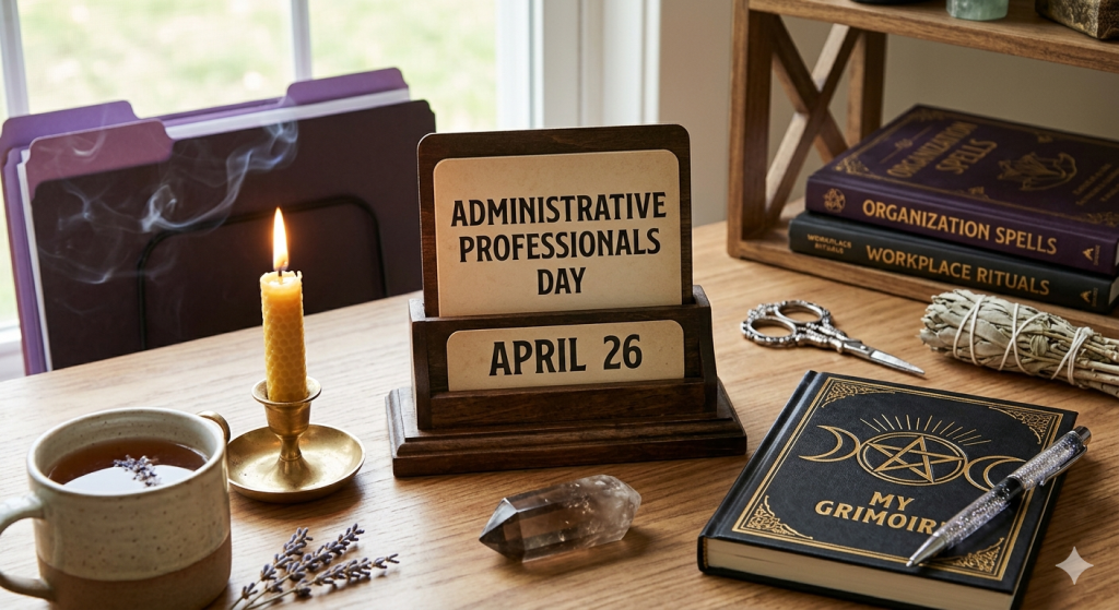 A wooden desk scene featuring a desk calendar marked "Administrative Professionals Day, April 26," alongside a lit beeswax candle, a cup of tea, a "My Grimoir" notebook, a crystal, and books titled "Organization Spells."