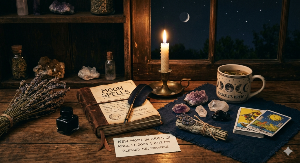 A cozy, dimly lit witchy altar at night featuring a spell book, a lit candle, crystals, a bundle of sage, and tarot cards on a wooden table, with a crescent moon visible through a window in the background.