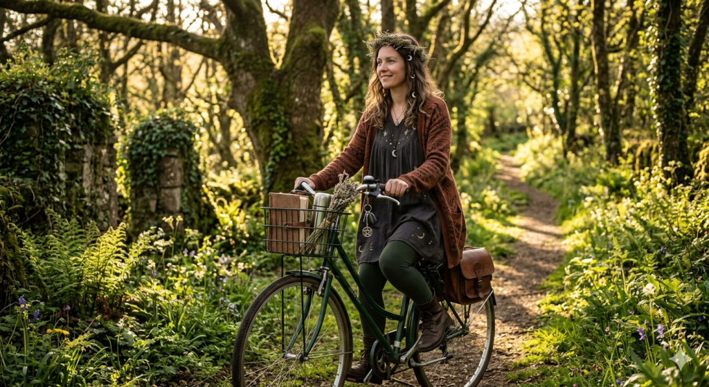A woman with a flower crown riding a vintage bicycle through a lush, sun-dappled forest path; the bike basket holds an old book and a bundle of dried herbs.