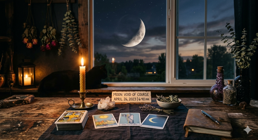 A cozy, witchy desk scene at twilight, featuring a candle, a black cat silhouette by a window, scattered tarot cards, crystals, and dried herbs, with the moon visible in the night sky.
