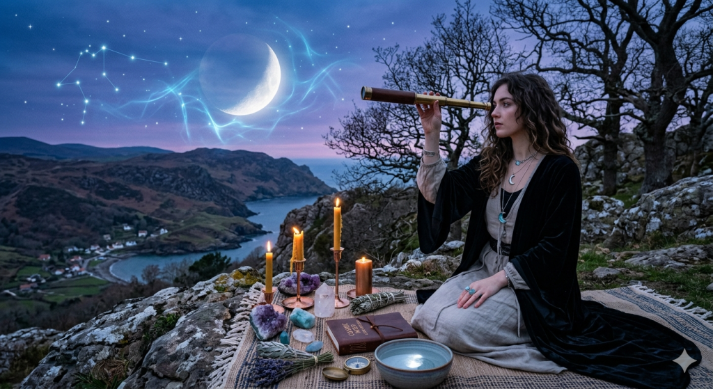 A modern witch sitting on a coastal cliff at twilight, looking through an antique brass telescope at the night sky where the Aquarius constellation and moon are visible; on a blanket in front of her are candles, crystals, a journal, and herbs.