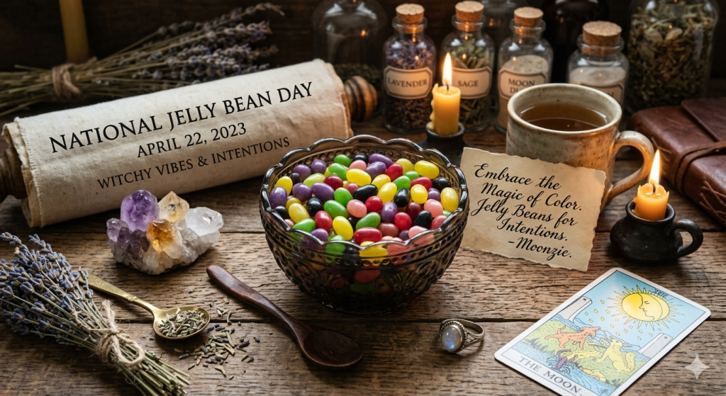 A bowl of colorful jelly beans sits on a rustic wooden table surrounded by witchy items, including a tarot card, crystals, candles, and jars of herbs.