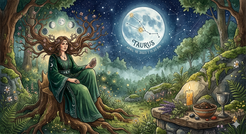 A watercolor illustration of a witch seated on a large tree stump in a magical forest, holding a crystal under a luminous full moon labeled Taurus with the constellation visible.