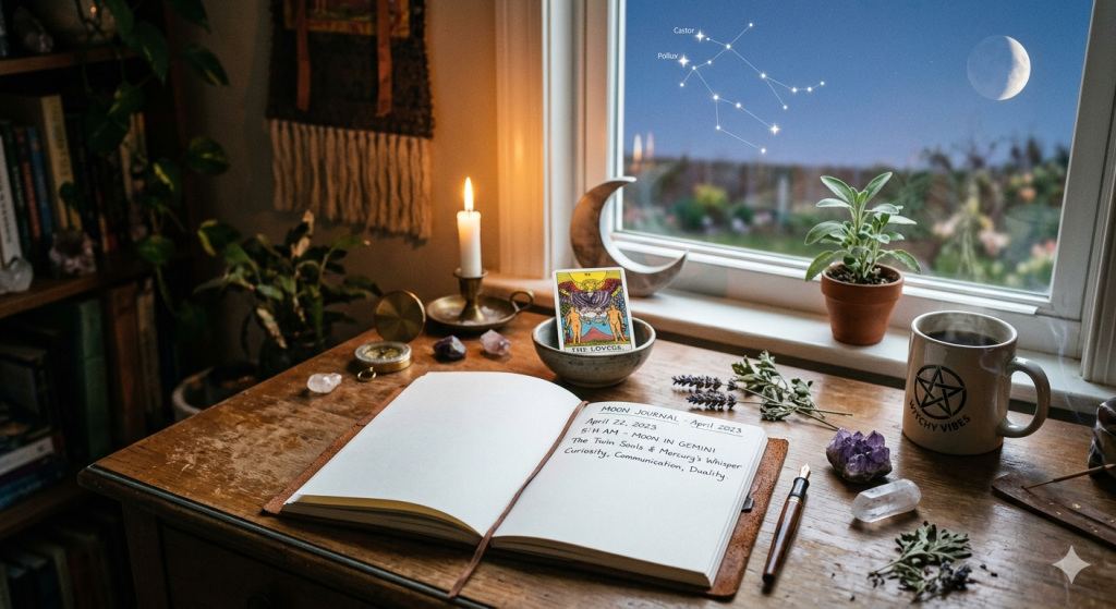 A cozy wooden desk setup with an open journal, a tarot card of The Lovers, a small potted sage plant, crystals, and a steaming mug, with the Gemini constellation and a crescent moon visible through the window at night.
