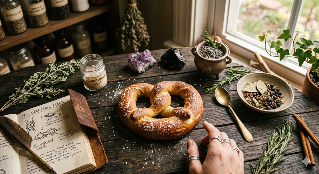 A soft pretzel resting on a rustic wooden table surrounded by witchy elements, including an open book of shadows with hand-drawn knot illustrations, loose herbs, a small cauldron, crystals, and a hand reaching toward the pretzel.