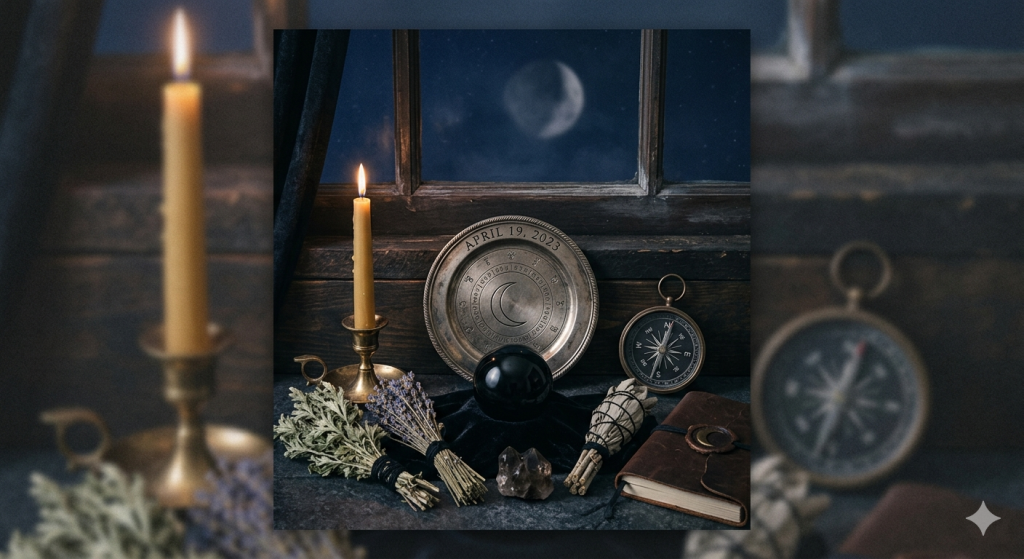 A moody, mystical altar setup on a dark wooden windowsill at night. On the table sits a burning taper candle in a brass holder, bundles of dried herbs (sage and lavender), a black scrying sphere, a leather-bound journal, and a vintage compass. In the center, an engraved silver plate reads "April 19, 2023." Outside the window, a glowing crescent moon hangs in a dark night sky.