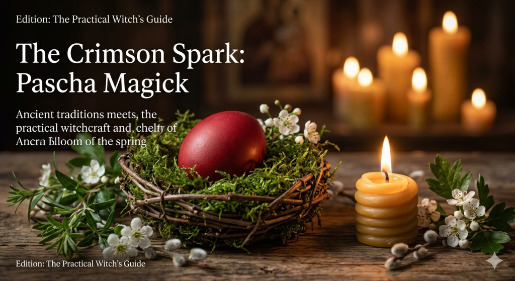 A close-up shot of a single, deep red-dyed egg resting in a nest of fresh green moss, illuminated by the flickering light of a nearby beeswax candle