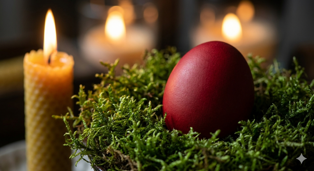 A close-up shot of a single, deep red-dyed egg resting in a nest of fresh green moss, illuminated by the flickering light of a nearby beeswax candle