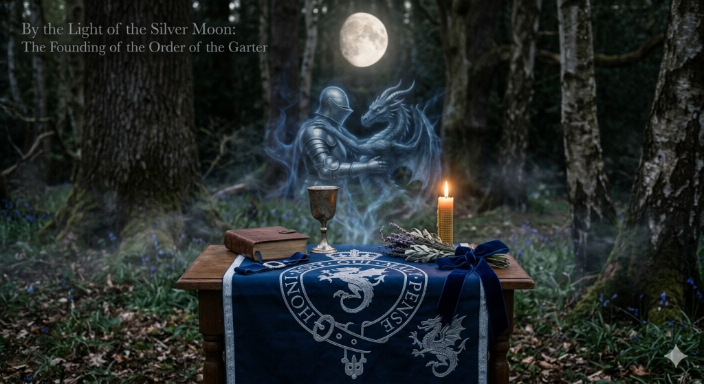 A mystical forest scene with a blue altar displaying a leather book, goblet, candle, and herbs, featuring a spectral blue apparition of St. George and a dragon with a full moon overhead.