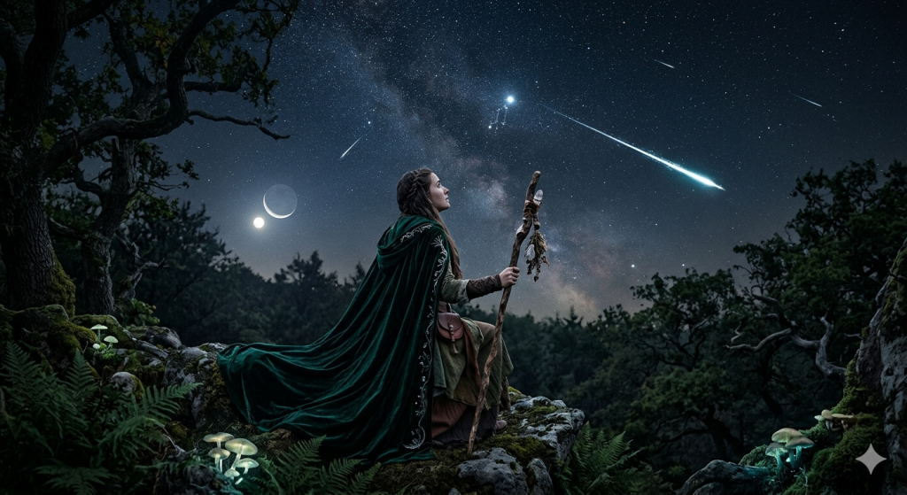 A witch in a dark green velvet cloak sitting on a mossy, fern-covered forest hill at night, gazing up at the Lyrid meteor shower, a bright crescent moon and Venus visible in the sky, holding a wooden staff topped with a crystal.