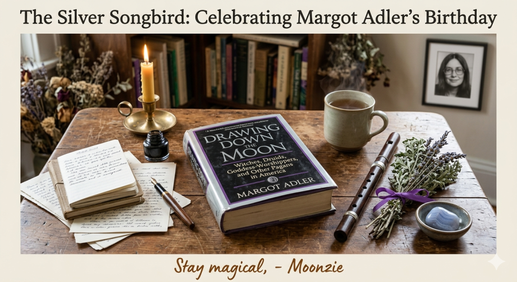 A naturally-lit, vintage-style photograph on a wooden table. In the center is a well-loved hardcover copy of Margot Adler's book, 'Drawing Down the Moon'. To the left are handwritten notebooks, a fountain pen, and a burning beeswax candle. To the right are dried lavender and mugwort tied with a purple ribbon, a piece of blue lace agate, and a small wooden flute. In the background, there are bookshelves and a small, framed black and white photo of Margot Adler. The text "The Silver Songbird: Celebrating Margot Adler’s Birthday" is at the top, and "Stay magical, - Moonzie" is at the bottom.