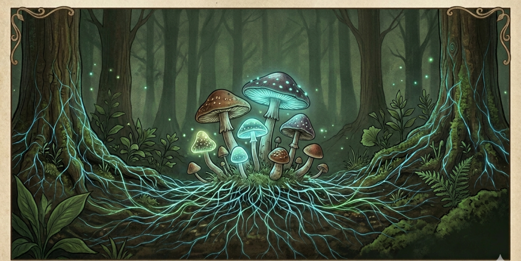 A mystical infographic set on a dark forest floor, featuring glowing blue mycelial roots connecting various fungi and text banners detailing "The Magick of Mycelium" and an "Aries" correspondence corner.