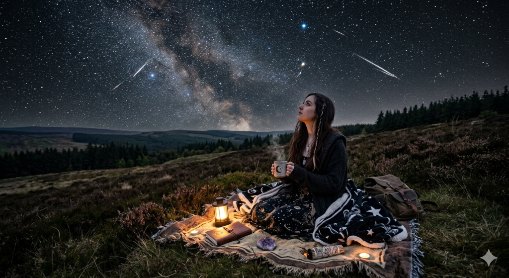 A woman sitting on a blanket on a grassy hill at night, wrapped in a moon-patterned throw, drinking from a mug while gazing up at a vibrant, star-filled sky featuring falling meteor streaks from the Lyrid shower.