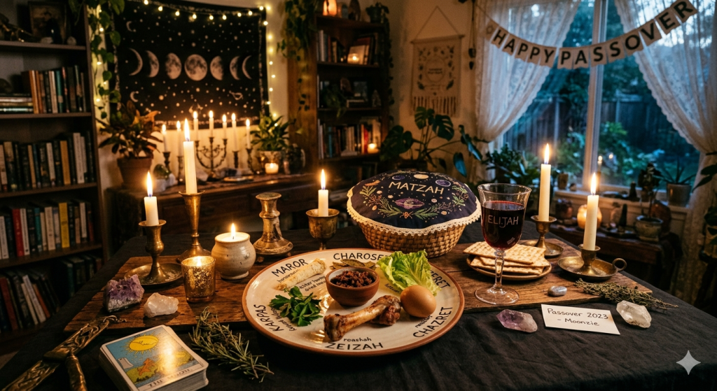 A cozy, witchy Seder table setting for Passover 2023, featuring a Seder plate, candles, tarot cards, and crystals on a dark tablecloth in a warm, candlelit room.