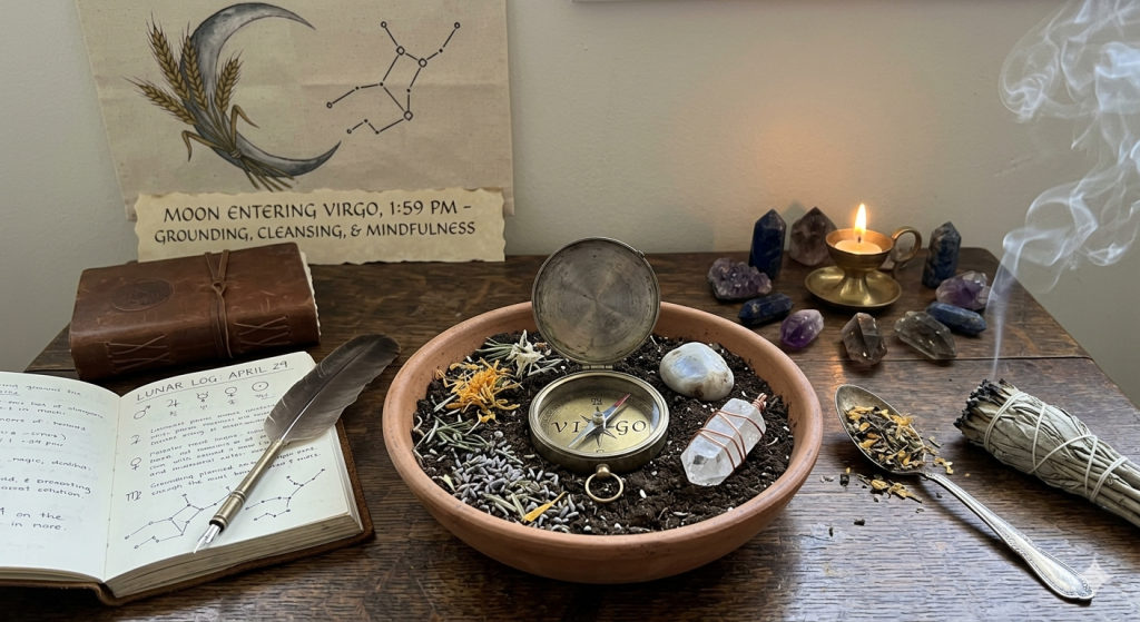 A witchy altar setup for the Moon in Virgo featuring a terracotta bowl of soil with a vintage compass, an open lunar journal with hand-drawn constellations, dried herbs, crystals, and a smoking sage bundle on a dark wooden surface.