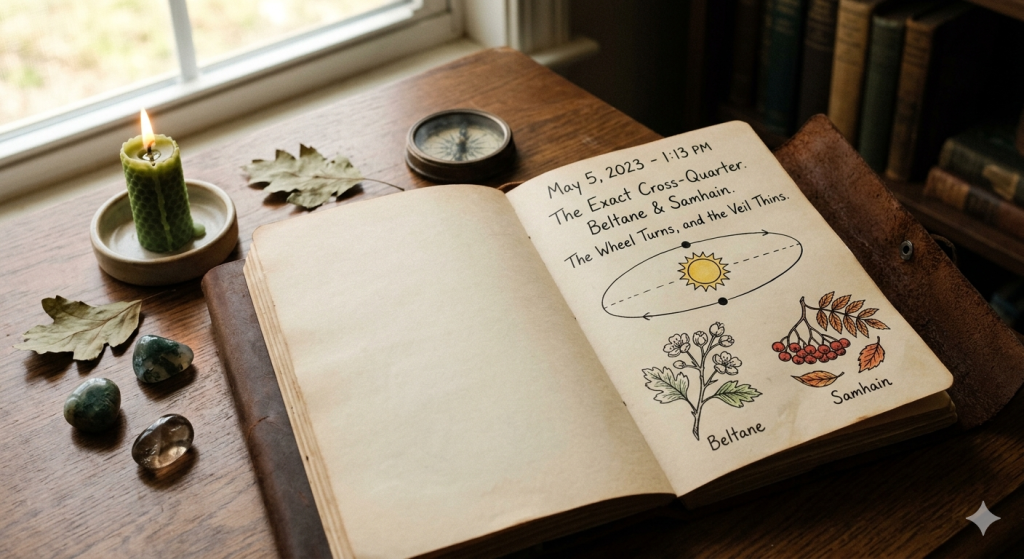 An open vintage leather-bound journal on a wooden desk featuring a handwritten entry for the May 5, 2023, Cross-Quarter at 1:13 PM, accompanied by a celestial diagram and botanical sketches of Beltane flowers and Samhain berries.