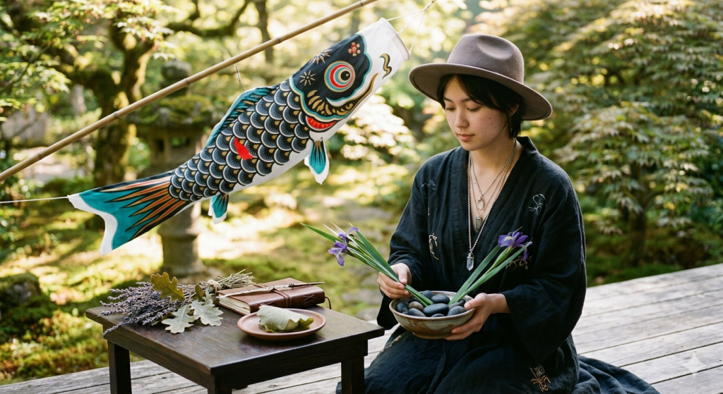 A person in a wide-brimmed hat and dark robe sits on a wooden deck in a lush garden, arranging purple irises and river stones near a Koinobori carp streamer and a plate with Kashiwa-mochi.