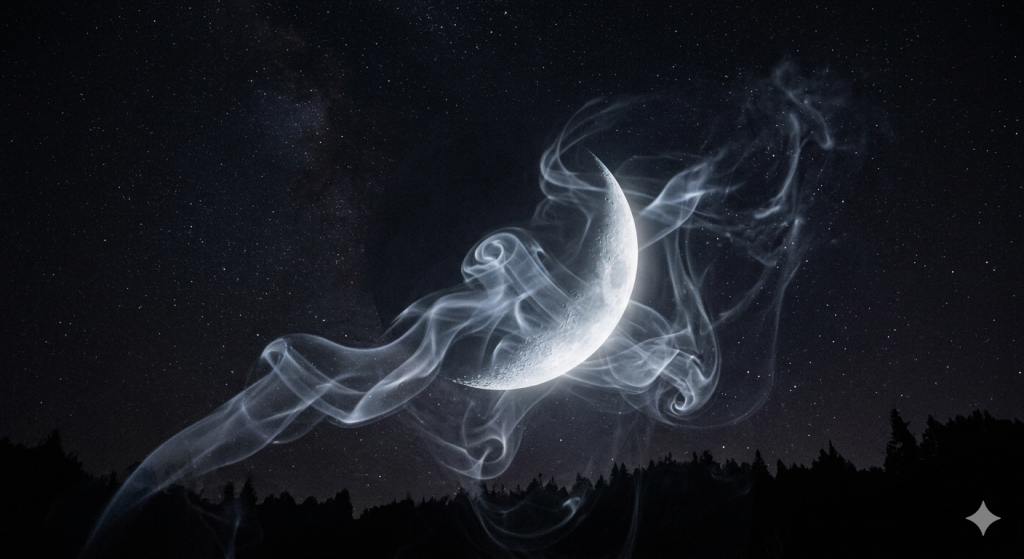 A glowing crescent moon partially obscured by ethereal, swirling white smoke against a dark, starry night sky, creating a mystical and serene atmosphere.
