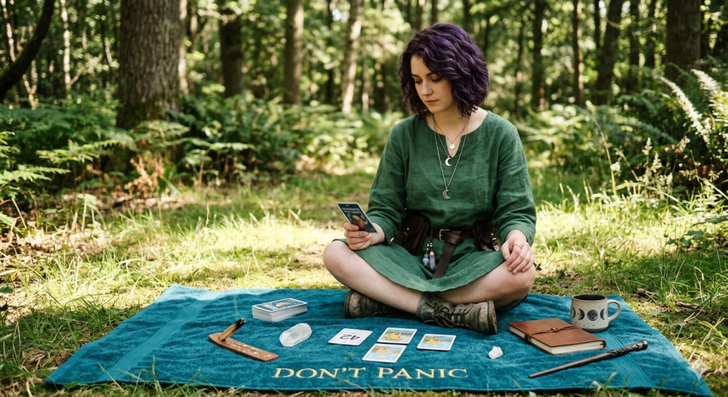 A young witch with purple hair sits cross-legged in a sunlit forest clearing on a teal towel embroidered with the words "DON'T PANIC." She is reading a tarot card, with a tarot spread, a crystal, a wooden wand, and a moon phase mug laid out before her on the towel.