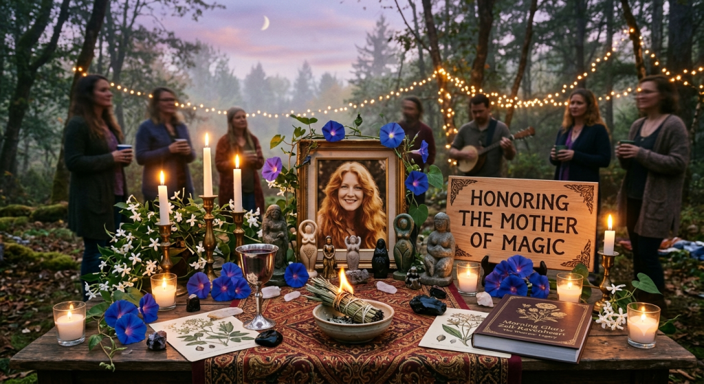 A beautifully detailed pagan outdoor altar in a misty forest at twilight, featuring a framed portrait of a smiling woman with long red hair, vibrant blue morning glories, burning candles, goddess figurines, a chalice, and a wooden sign that reads "Honoring the Mother of Magic."