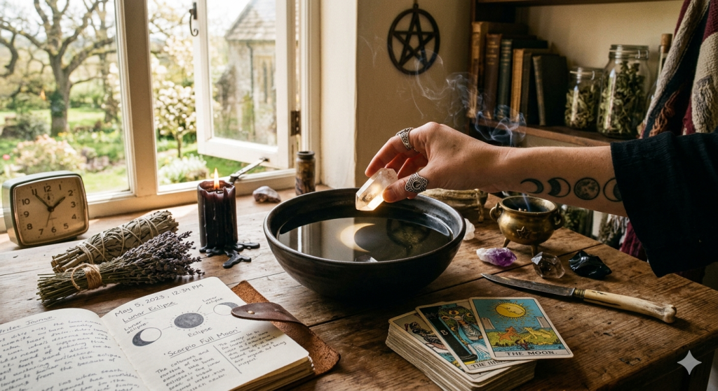 A witchy workspace with a hand holding a crystal over a scrying bowl reflecting a crescent moon, featuring tarot cards, lavender, and a journal entry for May 5, 2023.