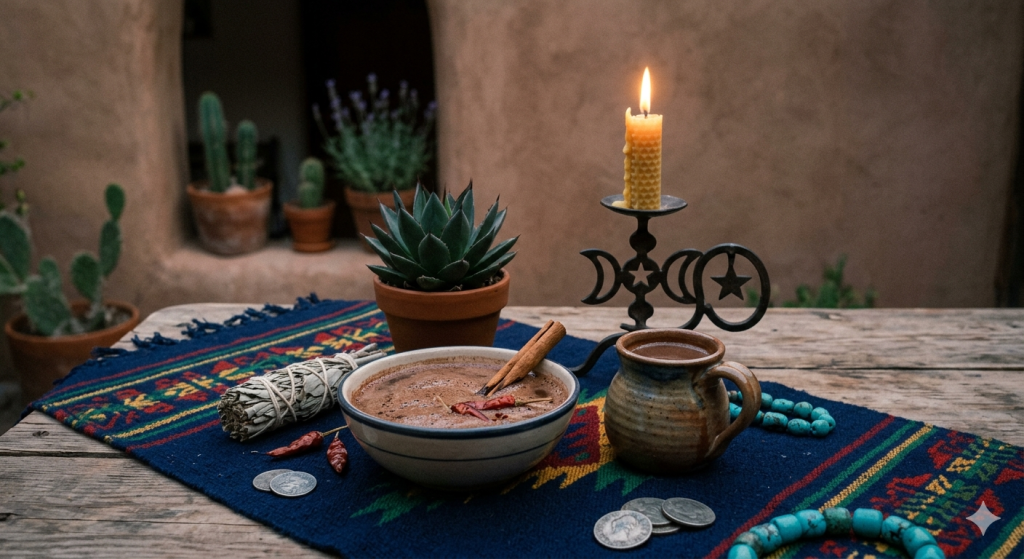 A rustic outdoor table setting featuring Mexican hot chocolate in a ceramic bowl with cinnamon and chili, a potted agave plant, a beeswax candle on a moon-shaped holder, and an open leather-bound journal titled Moonzie’s Kitchen Alchemy.