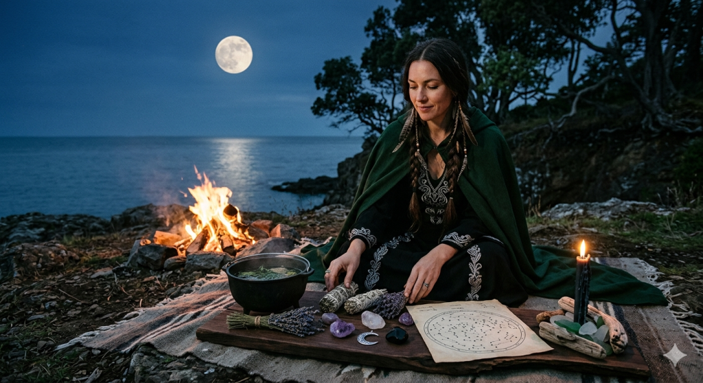 A woman dressed as a witch in a dark green cloak sits on a rocky cliffside by the ocean at night under a full moon, arranging lavender, crystals, and an astrological chart near a crackling bonfire and a steaming cauldron.
