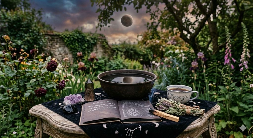 A witchy outdoor altar set in a lush garden during a penumbral lunar eclipse, featuring a water scrying bowl, crystals, an open journal with the date May 5, 2023, and a mug signed "Moonzie."