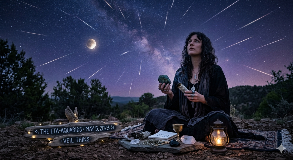 A woman sitting in a desert landscape at night under a meteor shower and lunar eclipse, holding a crystal and herbs with a wooden sign reading "The Eta-Aquarids May 5, 2023."