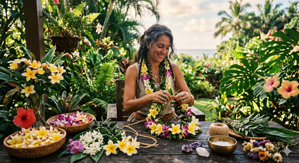 A woman with grey-streaked hair wearing a crescent moon necklace weaves a floral lei at a wooden table outdoors, surrounded by baskets of plumeria, bundles of sage, and a bowl of sea salt.