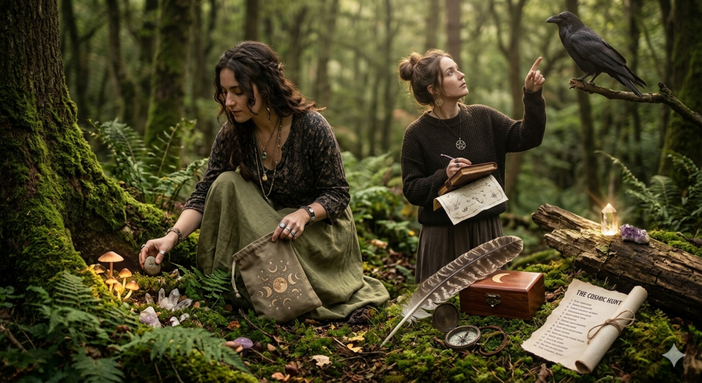 Two women practicing witchcraft in a mossy green forest during a mystical scavenger hunt. One woman kneels by a moss-covered tree gathering crystals and mushrooms into a celestial tote bag, while the other stands holding a parchment map and pointing up at a large black raven perched on a branch.