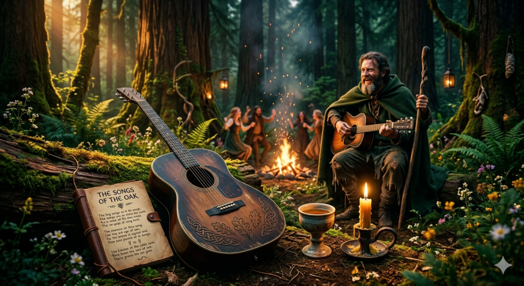 An acoustic guitar with carved oak leaf patterns rests against a mossy log in a redwood forest beside an open leather-bound songbook titled "The Songs of the Oak." In the background, a bearded modern pagan bard in a green cloak plays a guitar next to a glowing campfire where people are dancing at dusk.