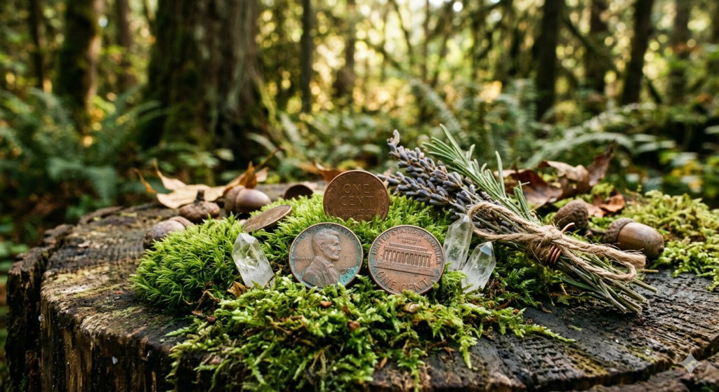 A close-up, wide-angle shot of vintage copper pennies with a greenish patina resting on lush green moss atop an old tree stump in a sun-dappled forest. Clear quartz crystal points, scattered acorns, and a small bundle of dried lavender and rosemary tied with twine sit next to the coins, evoking an enchanted, magical aesthetic.