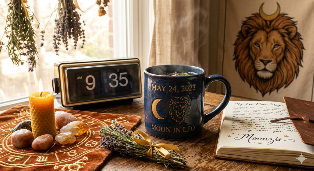 A cozy, witchy desktop setup featuring a dark blue ceramic mug inscribed with "MAY 24, 2023" and "MOON IN LEO" alongside a golden crescent moon and lion emblem. Next to the steaming mug is a vintage flip clock showing 9:35 AM, a burning beeswax candle, crystals on an astrological cloth, dried lavender, and an open journal signed "Moonzie" with a lion tapestry hanging in the background.