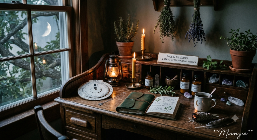 An atmospheric, candlelit wooden roll-top desk under a window showing a crescent moon. On the desk is an open leather journal with botanical sketches, dried rosemary and lavender hanging above, an astrological calendar wheel tracking Virgo, apothecary bottles, crystals, and a smoking herb bundle, capturing a cozy, grounding witchy workspace.
